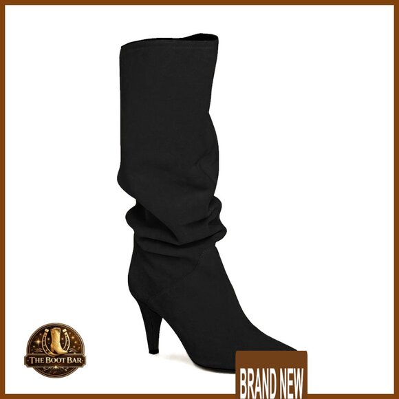 Shoes - Knee High Slouchy Boots Wide Calf Kitten Heel Pointed Toe Pull On Winter